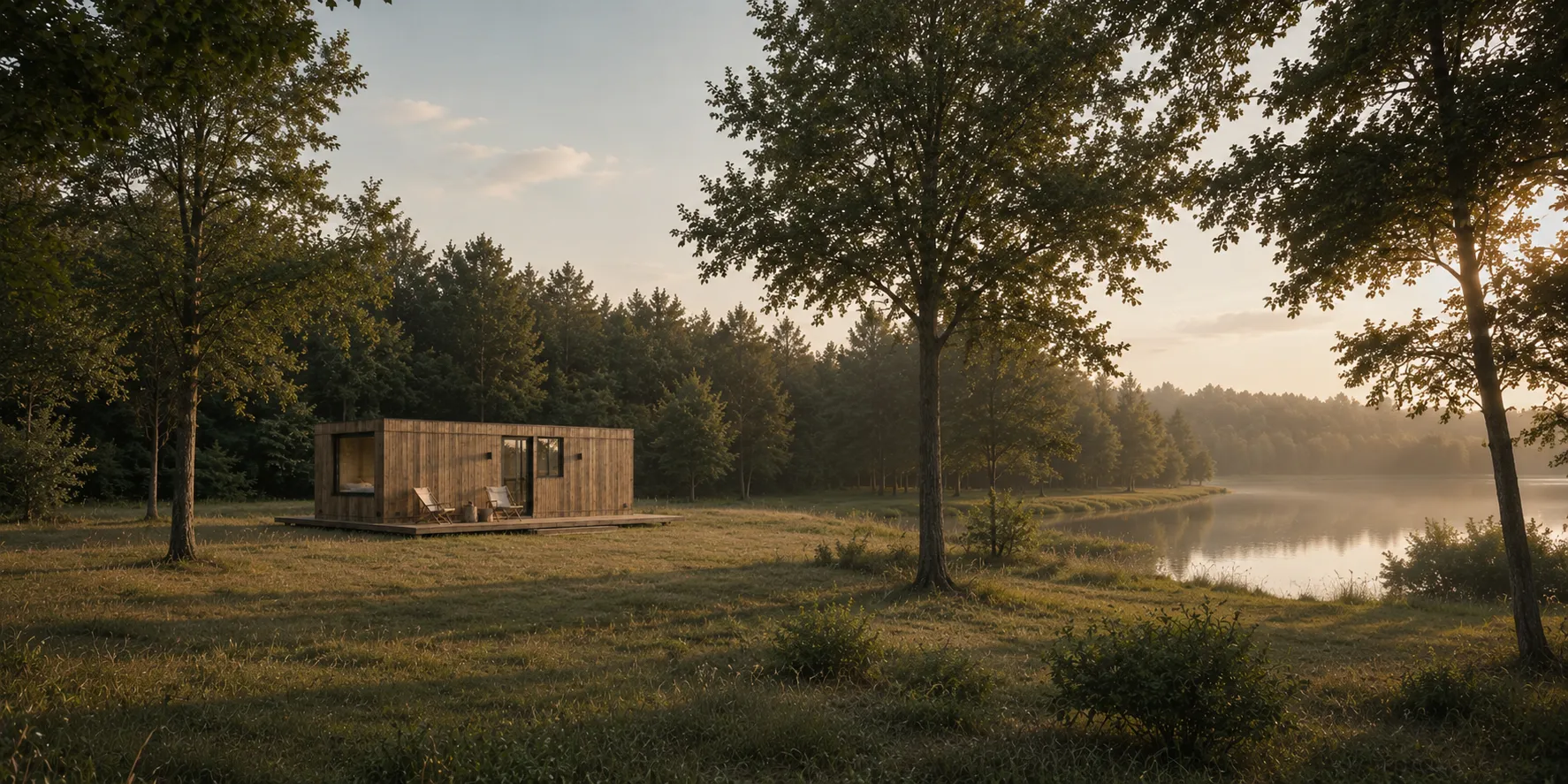 Casa prefabricada de madera en terreno rural al lado de un lago. 

"Habitar Distinto"