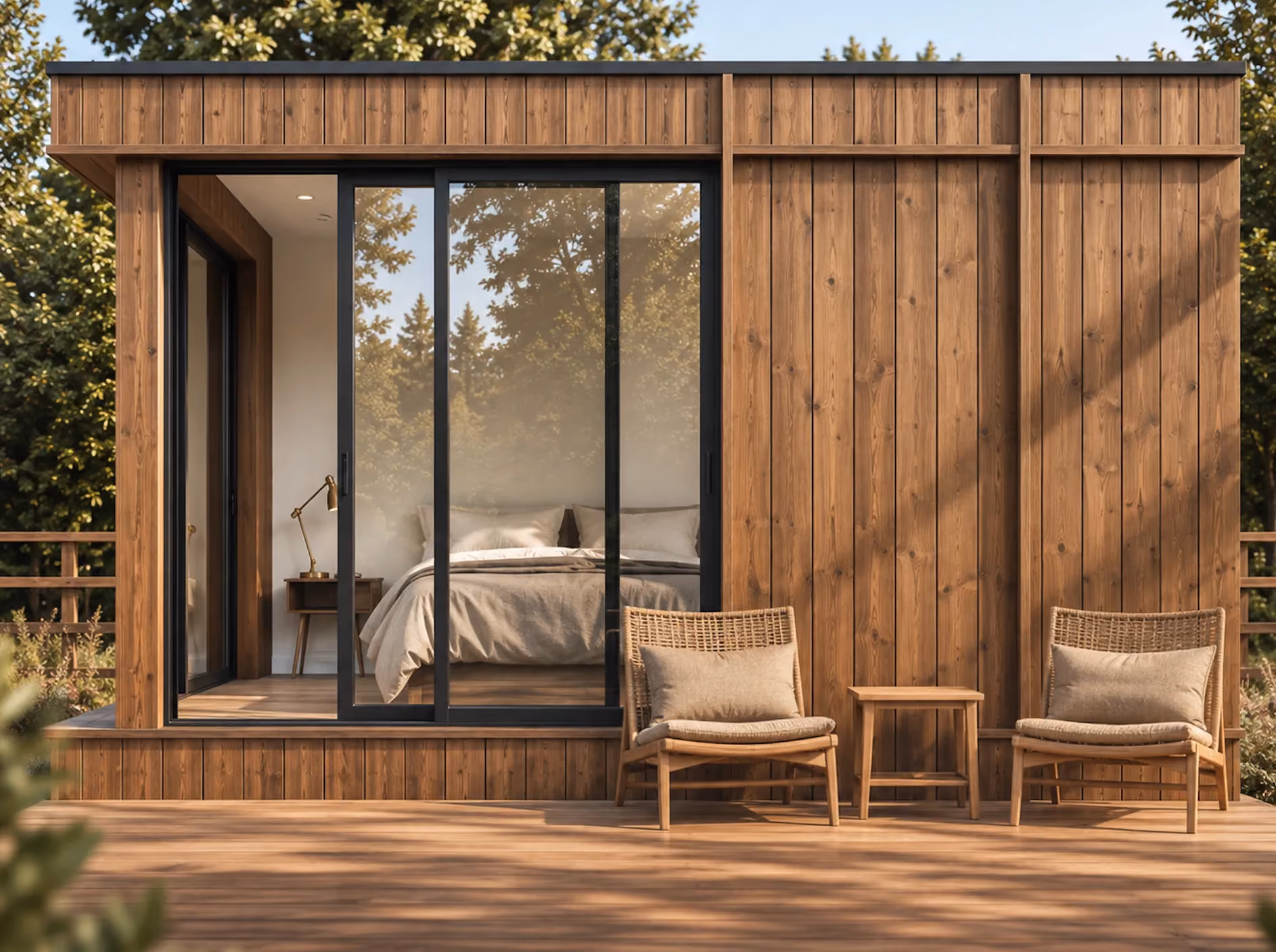 Módulo prefabricado Caos con fachada de madera, dormitorio y terraza