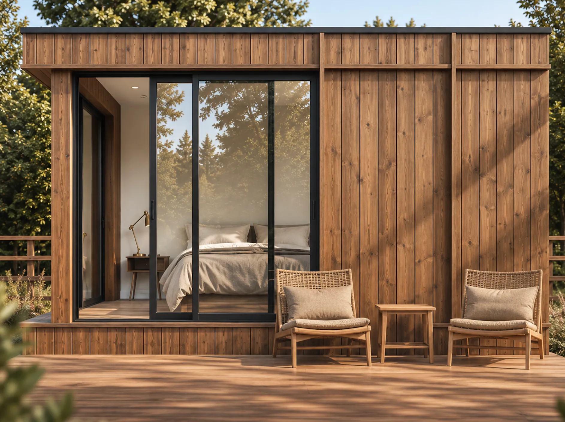 Módulo prefabricado Caos con fachada de madera, dormitorio y terraza