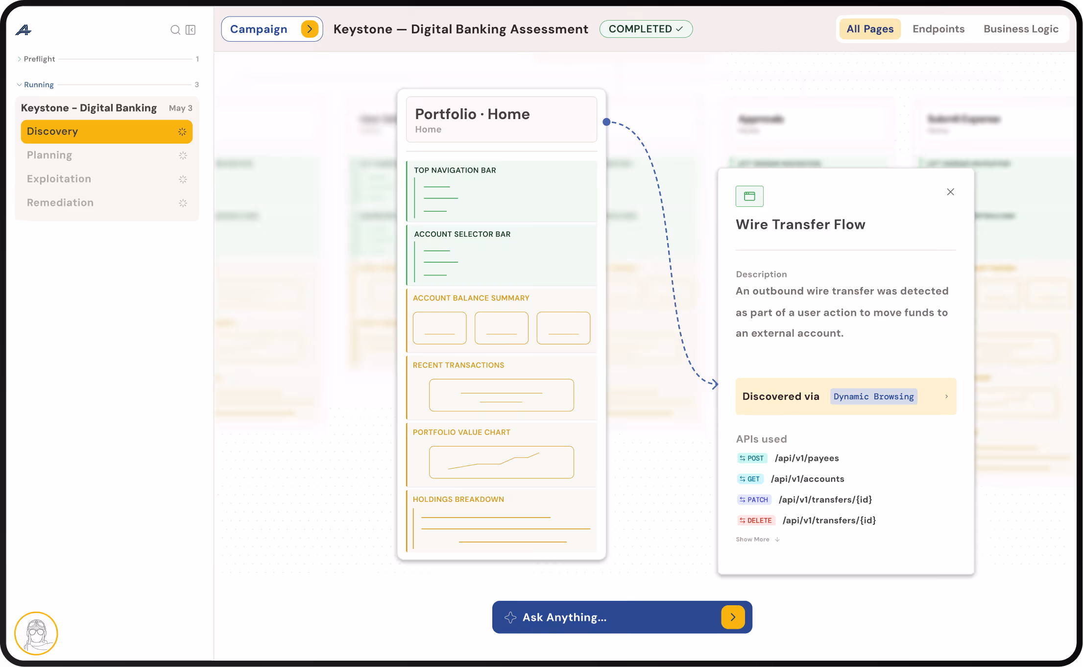 Digital banking interface showing portfolio home screen and wire transfer flow with API details.