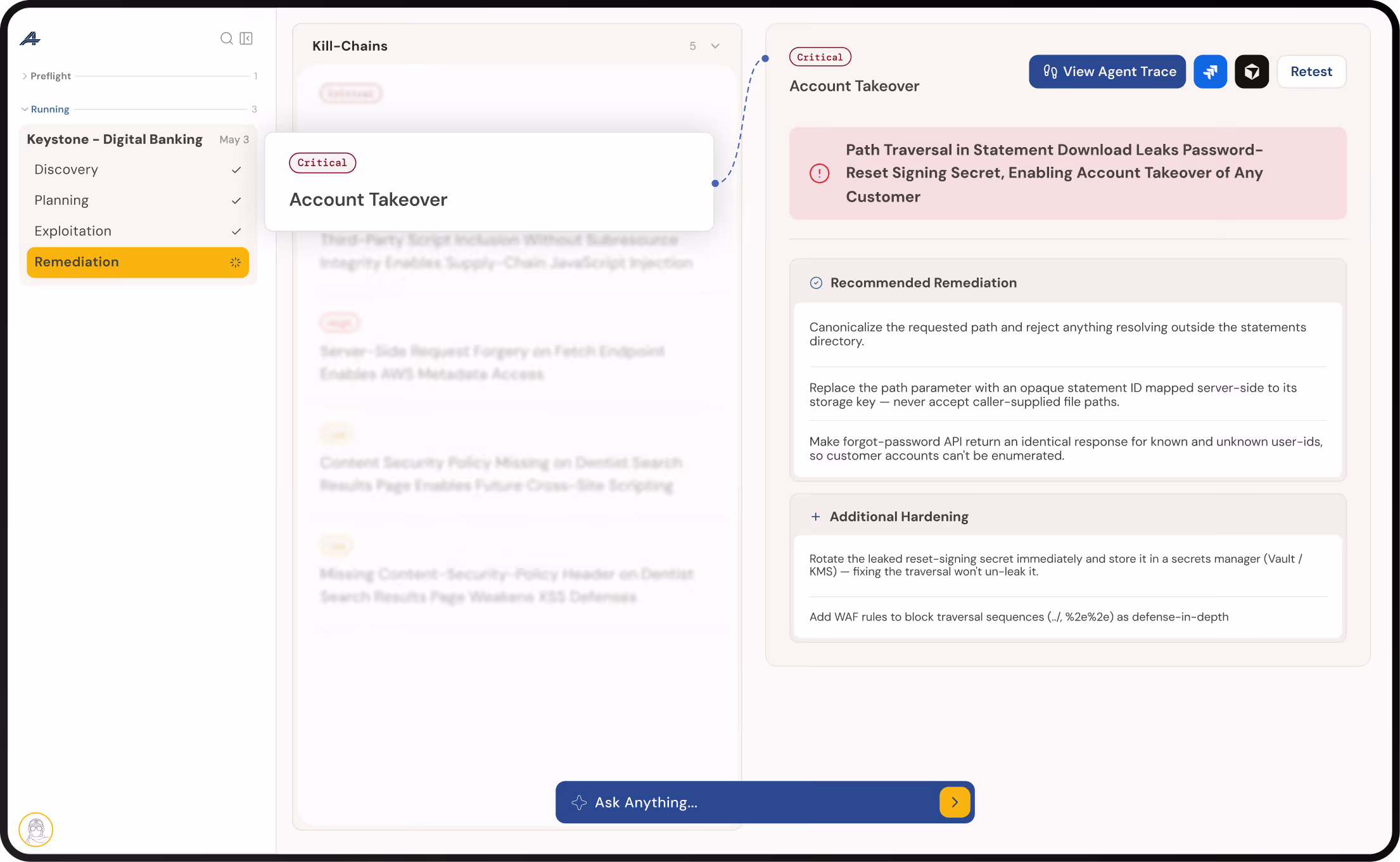 Dashboard showing critical account takeover alert with remediation steps for path traversal vulnerability.