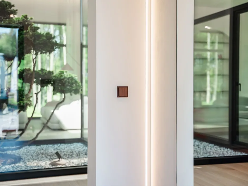 Minimalist modern interior with a white wall featuring a wooden light switch and vertical LED strip.