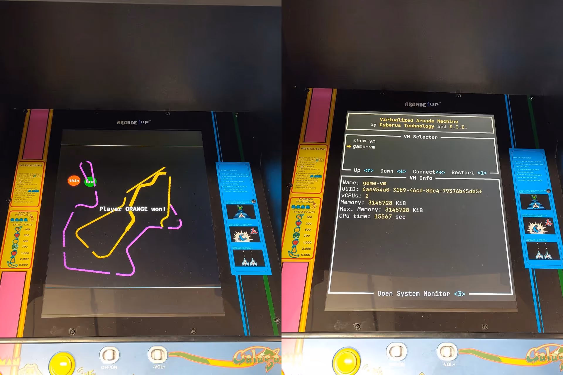 The game running in a virtual machine (left) and the overview of VMs on the host.