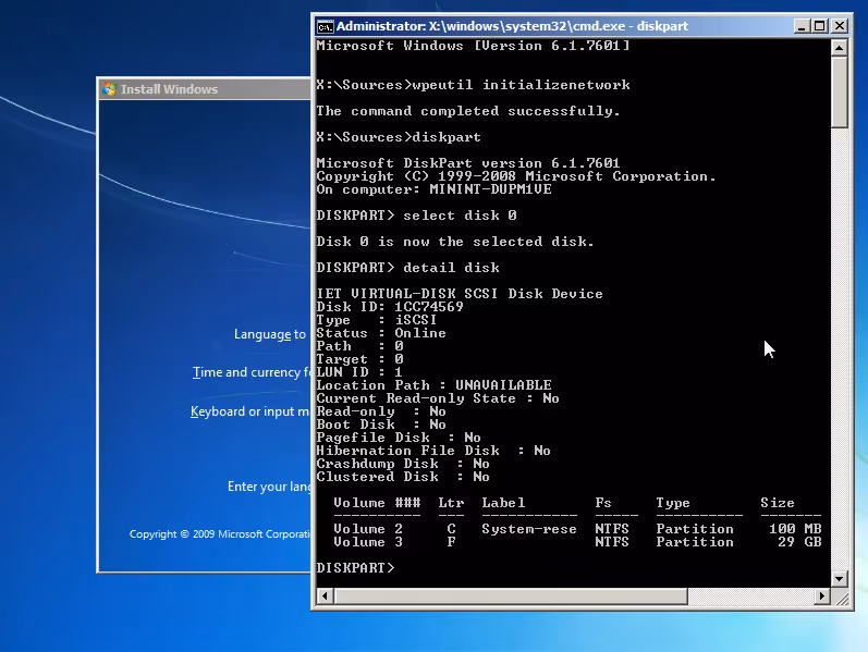 Output of diskpart in Windows Setup after initializing network.