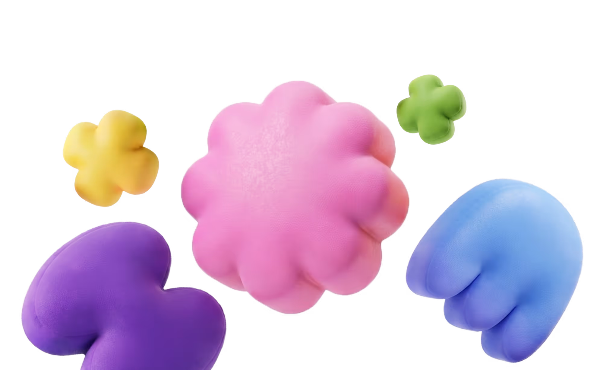 Five soft, cloud-like shapes in purple, pink, blue, yellow, and green floating on black background.