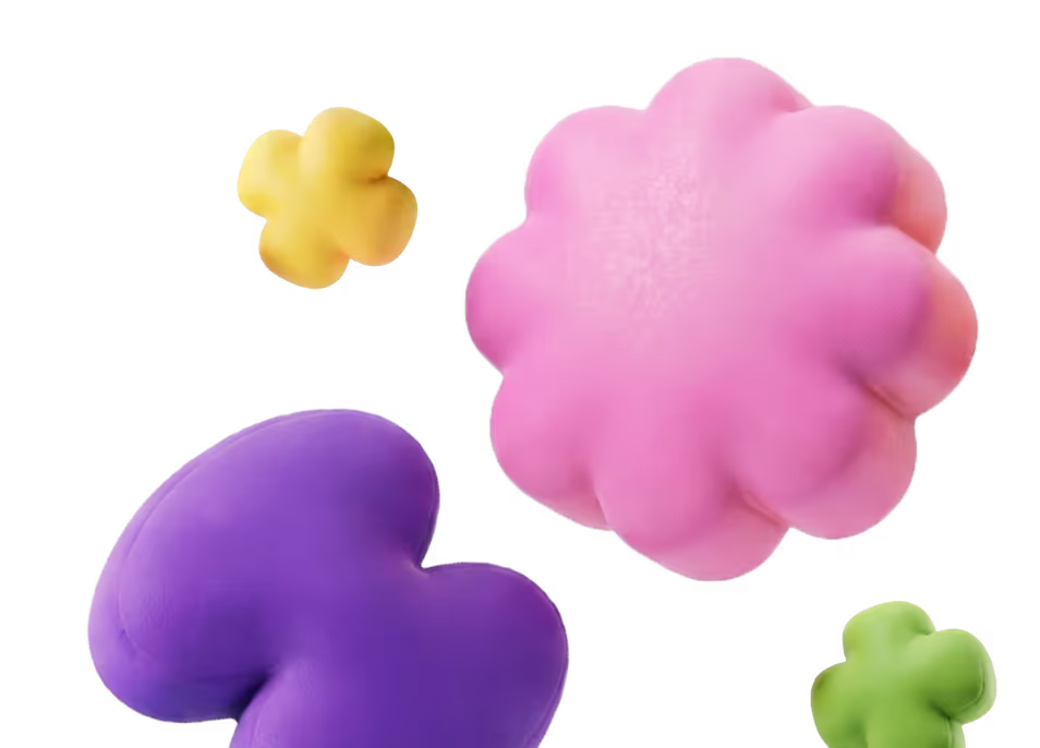 Four soft 3D shapes: large pink flower, purple heart, small yellow and green clover-like forms on black.