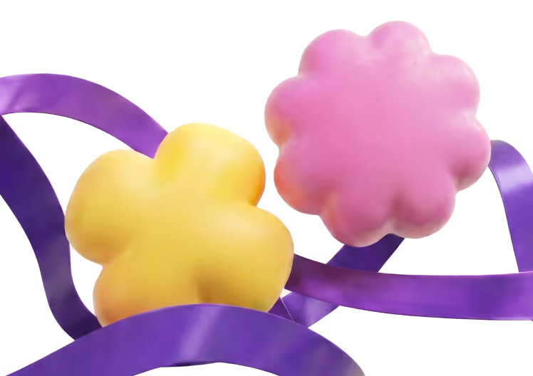Four soft, colorful abstract shapes: one large pink, one purple, one small yellow, and one small green shape.