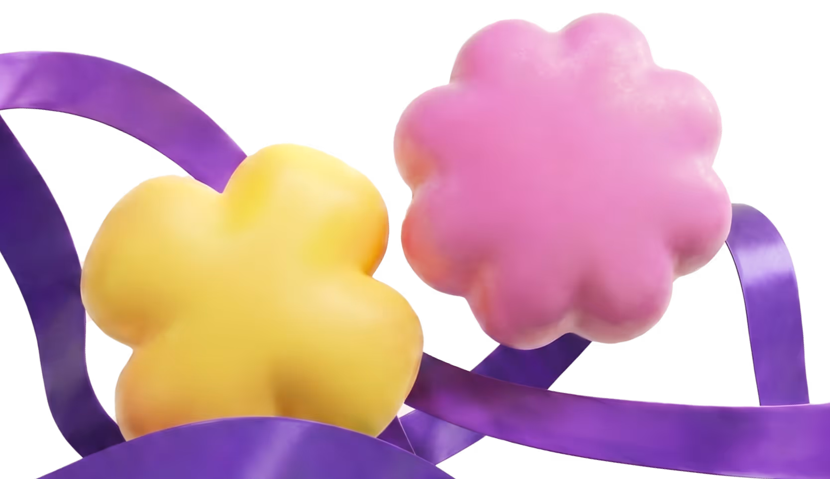 Five colorful soft, rounded, abstract shapes in pink, purple, blue, yellow, and green on a black background.