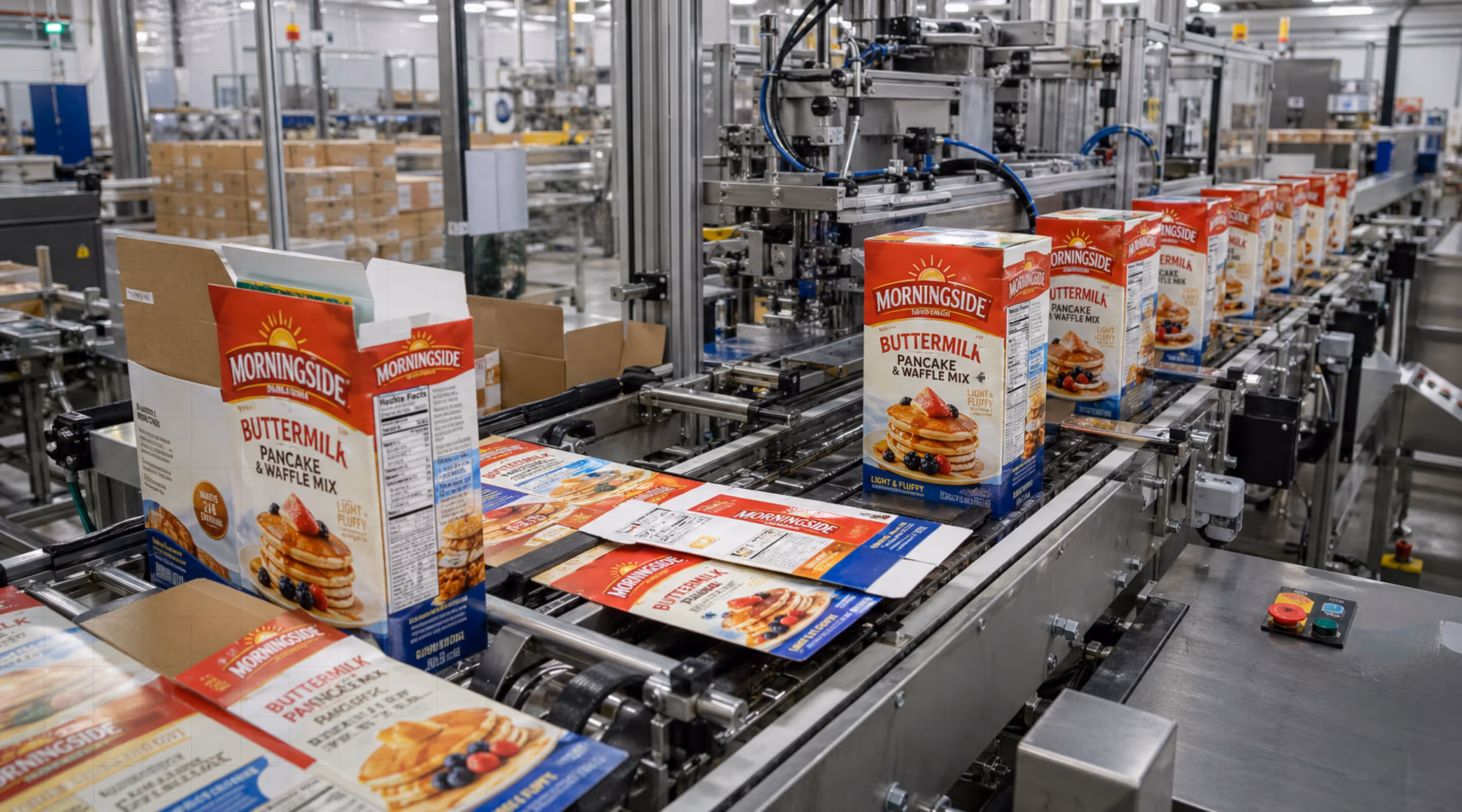 Boxes of Morningside Buttermilk Pancake & Waffle Mix on a conveyor belt in a packaging factory.