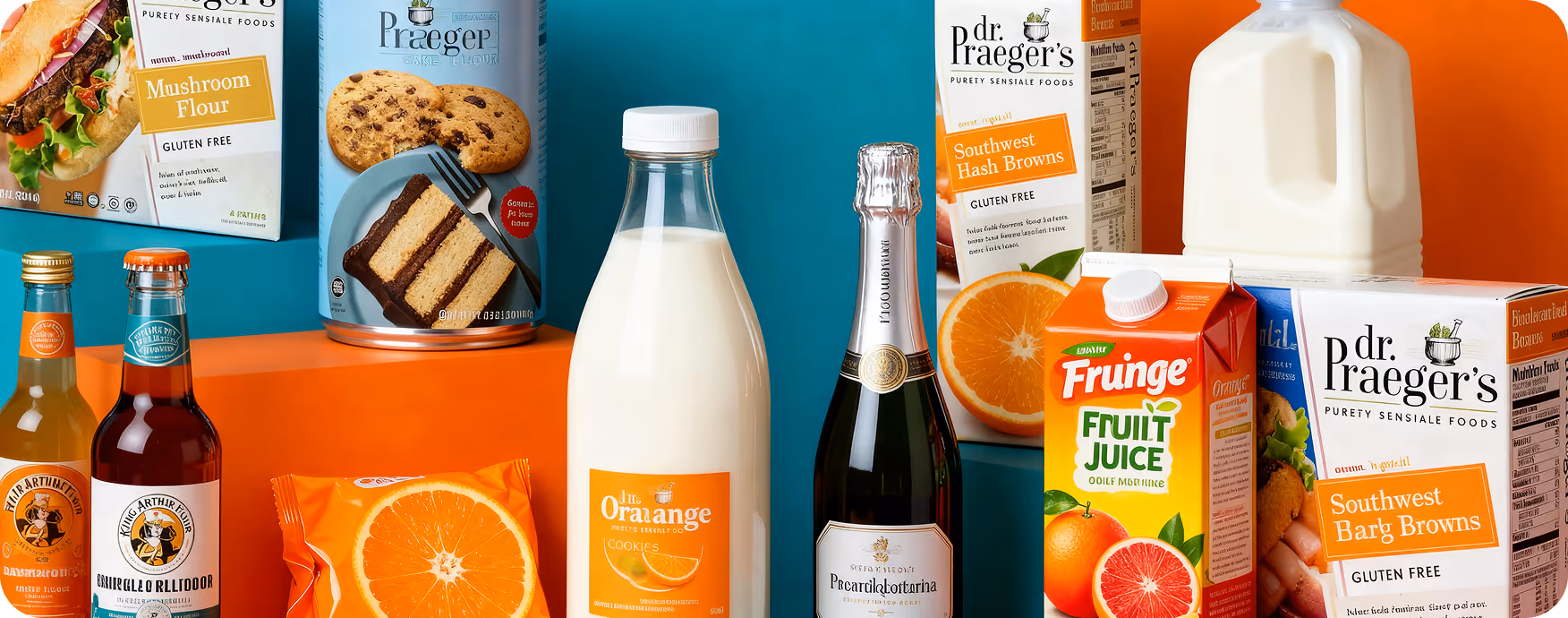 Variety of food and drink products including cookies, juice, milk, soda, and hash browns on colorful blocks.