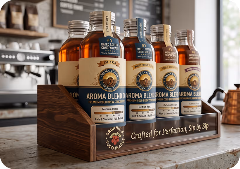Bottles of Aroma Blend premium cold brew coffee concentrate displayed in a wooden holder on a countertop.