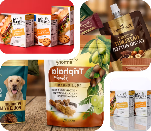 Collage of organic food, dog treats, and hazelnut cocoa butter snack packaging.