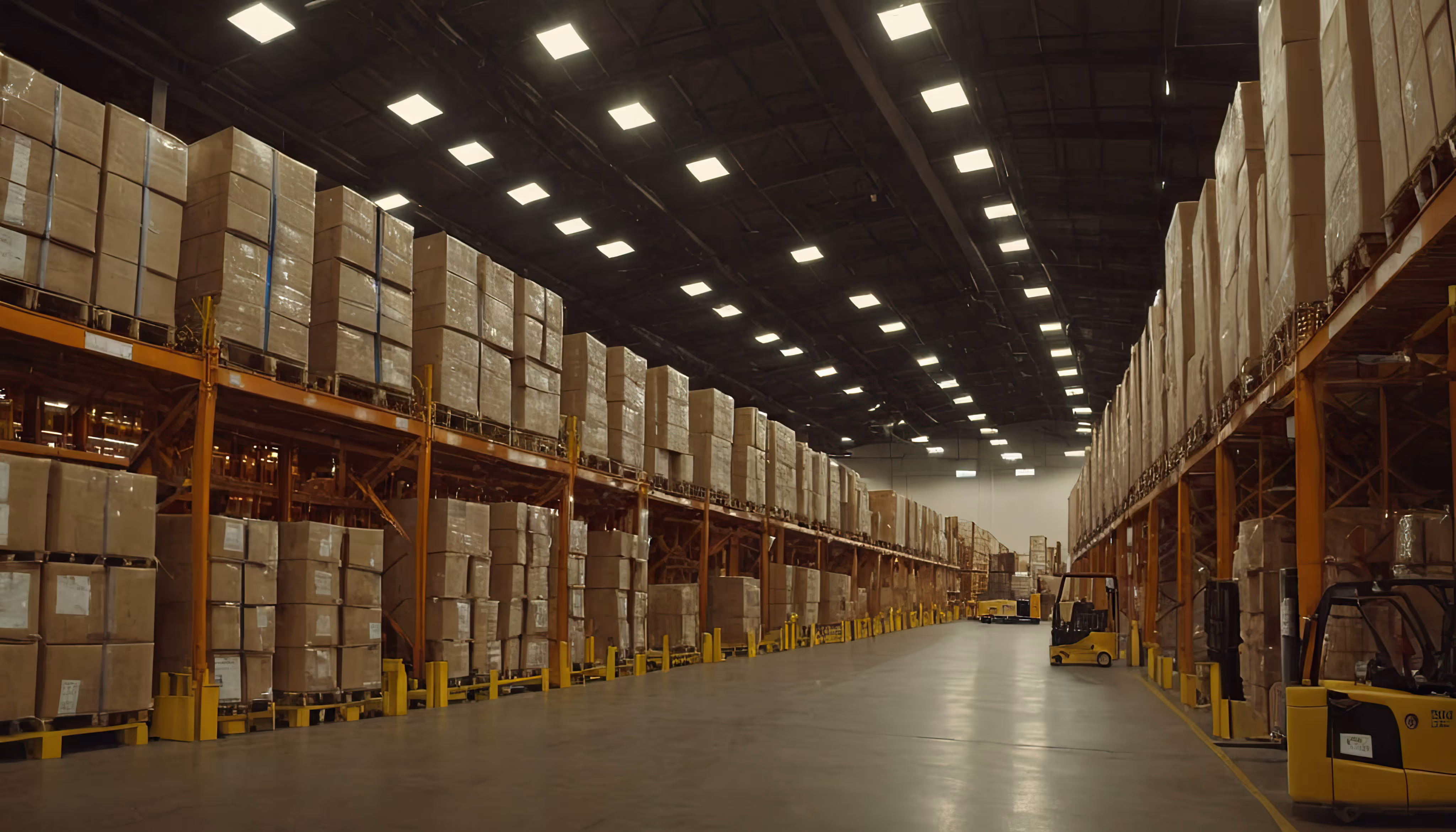Large warehouse aisle with tall shelves stacked with numerous wrapped pallets and forklifts parked nearby.