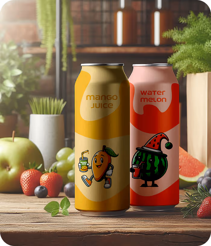 Two juice cans with cartoon mango and watermelon characters on a wooden table with fresh fruits.