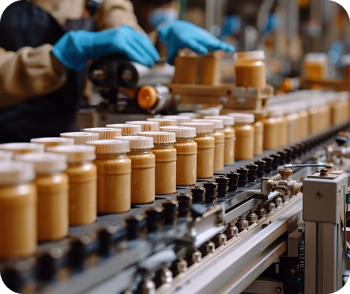 Rows of sealed peanut butter jars on a conveyor belt in a factory with workers wearing blue gloves.