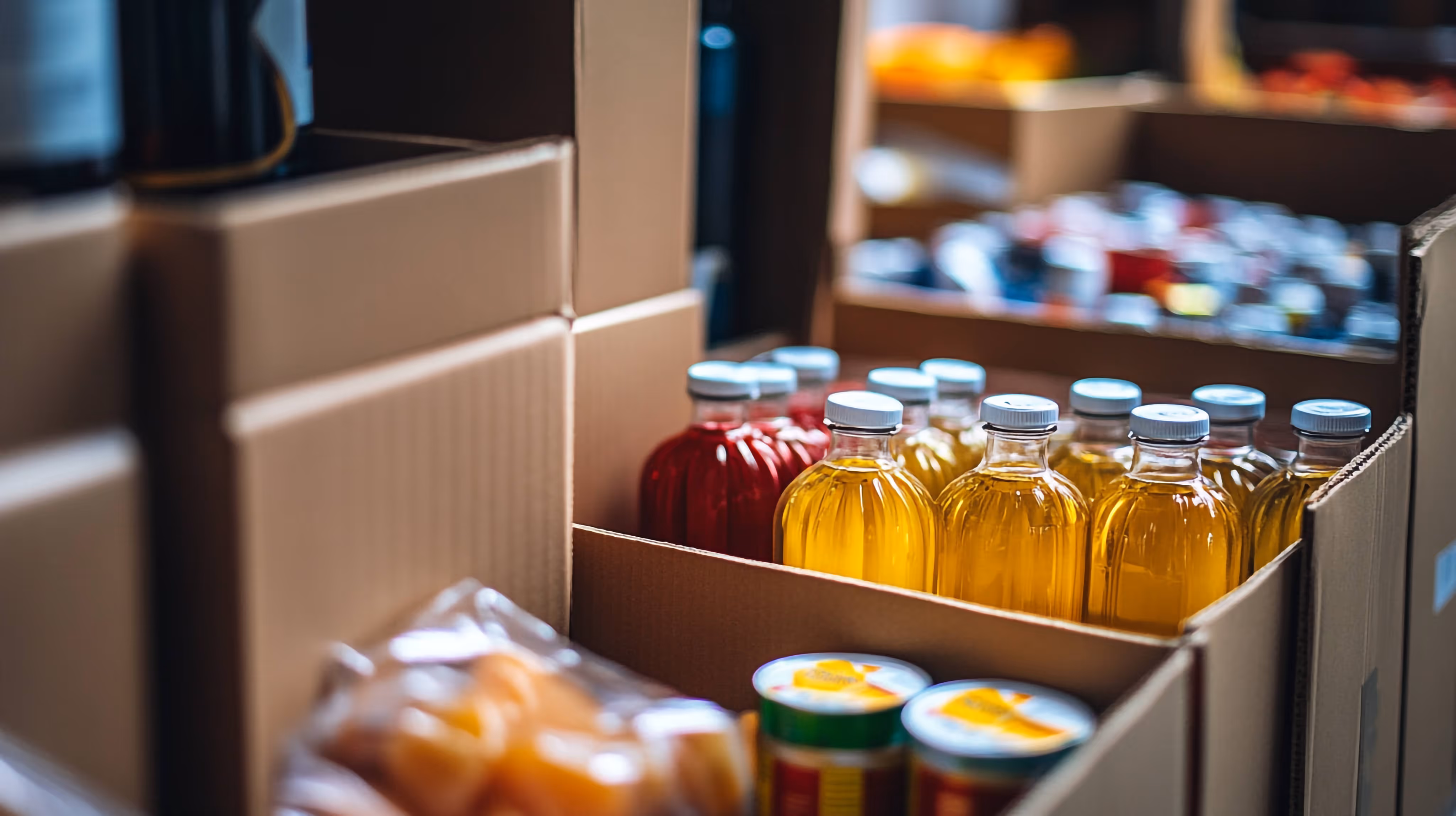 Cardboard boxes filled with bottles of red and yellow liquids, and canned goods on shelves in the background.
