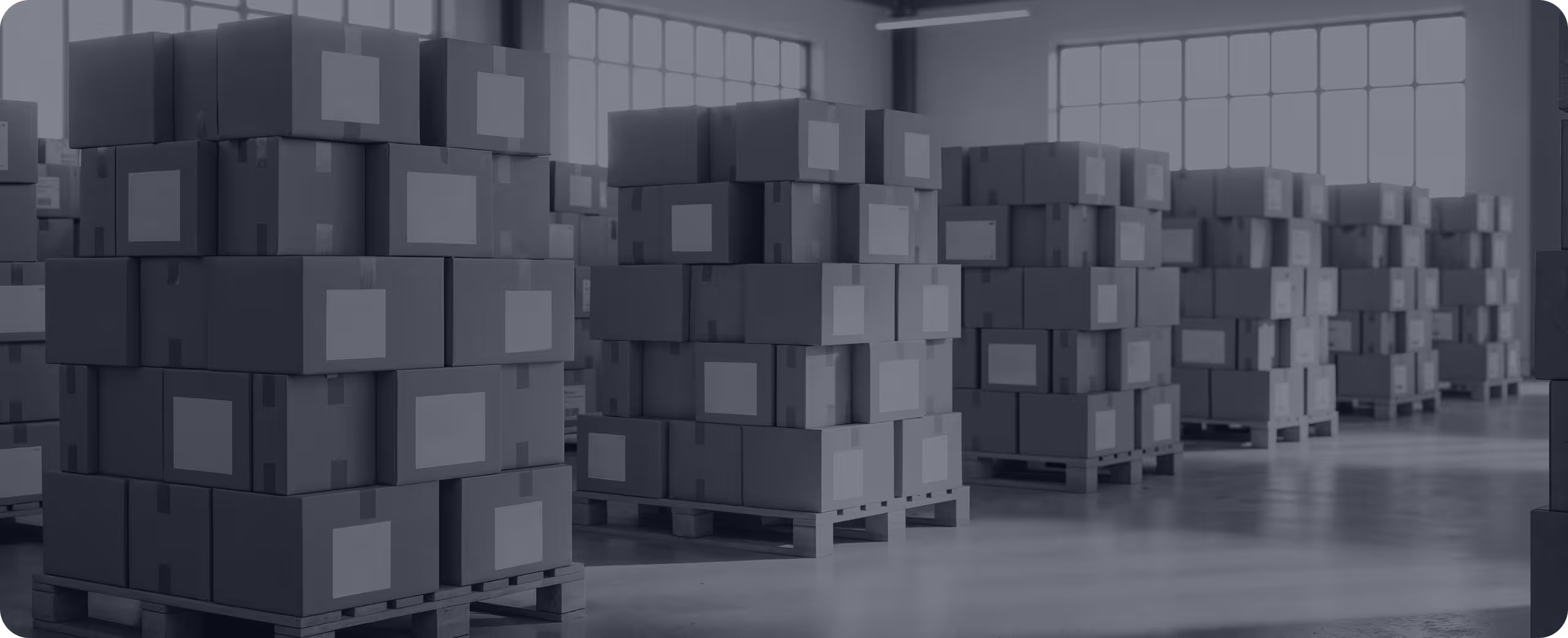 Stacks of cardboard boxes on wooden pallets in a large warehouse with tall windows.