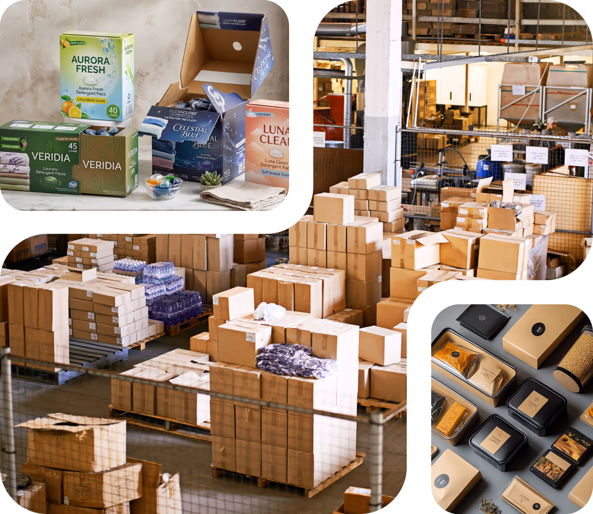 Collage showing detergent packs, warehouse stacks of cardboard boxes, and neatly arranged packaged goods.
