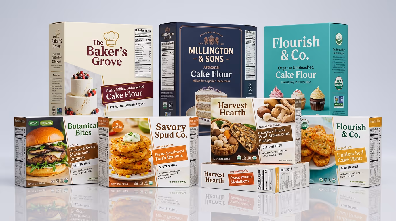 Variety of packaged gluten-free and organic plant-based food products displayed on a reflective surface.