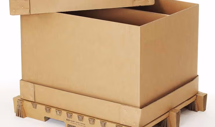 Open large corrugated cardboard box on a corrugated cardboard pallet base.
