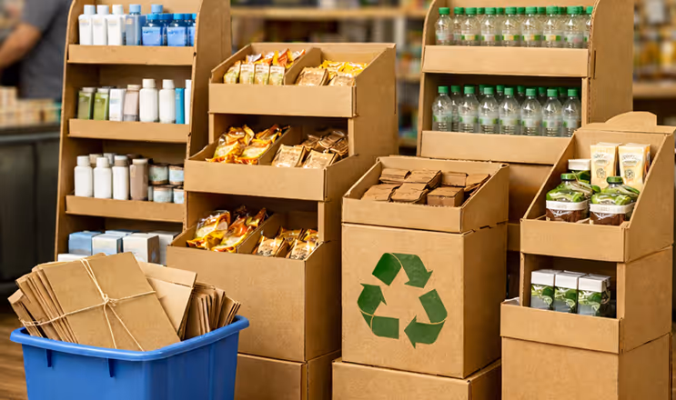 Corrugated cardboard displays filled with packaged goods and a recycling bin with flattened boxes in a store setting.