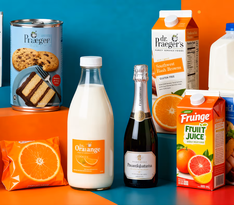 Various packaged food items including milk, juice cartons, cookies, and a small bottle of sparkling beverage.