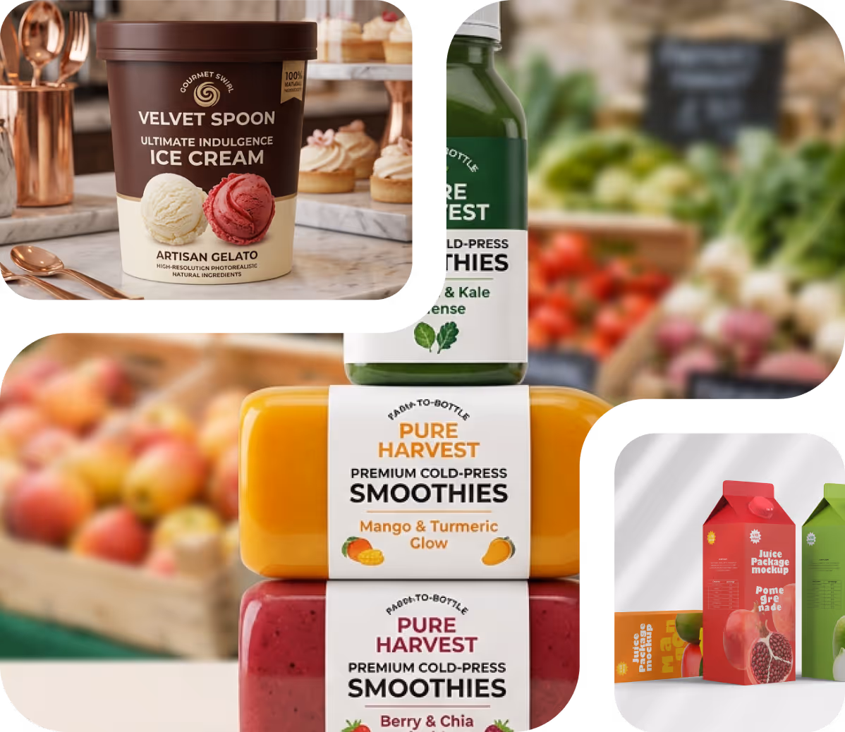 Assorted packaged food products including ice cream, cold-press smoothies, and juice cartons on display.