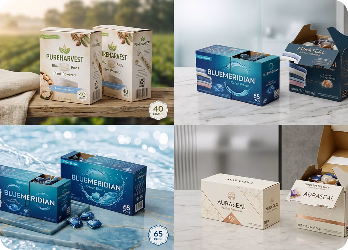 Boxes of PureHarvest, BlueMeridian, and AuraSeal laundry detergent pods displayed on different surfaces.