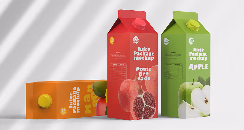 Three colorful juice cartons with yellow, red, and green caps displaying mango, pomegranate, and apple flavors.