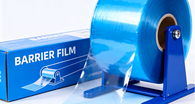 Blue box labeled 'Barrier Film' next to a roll of transparent blue barrier film on a blue holder.