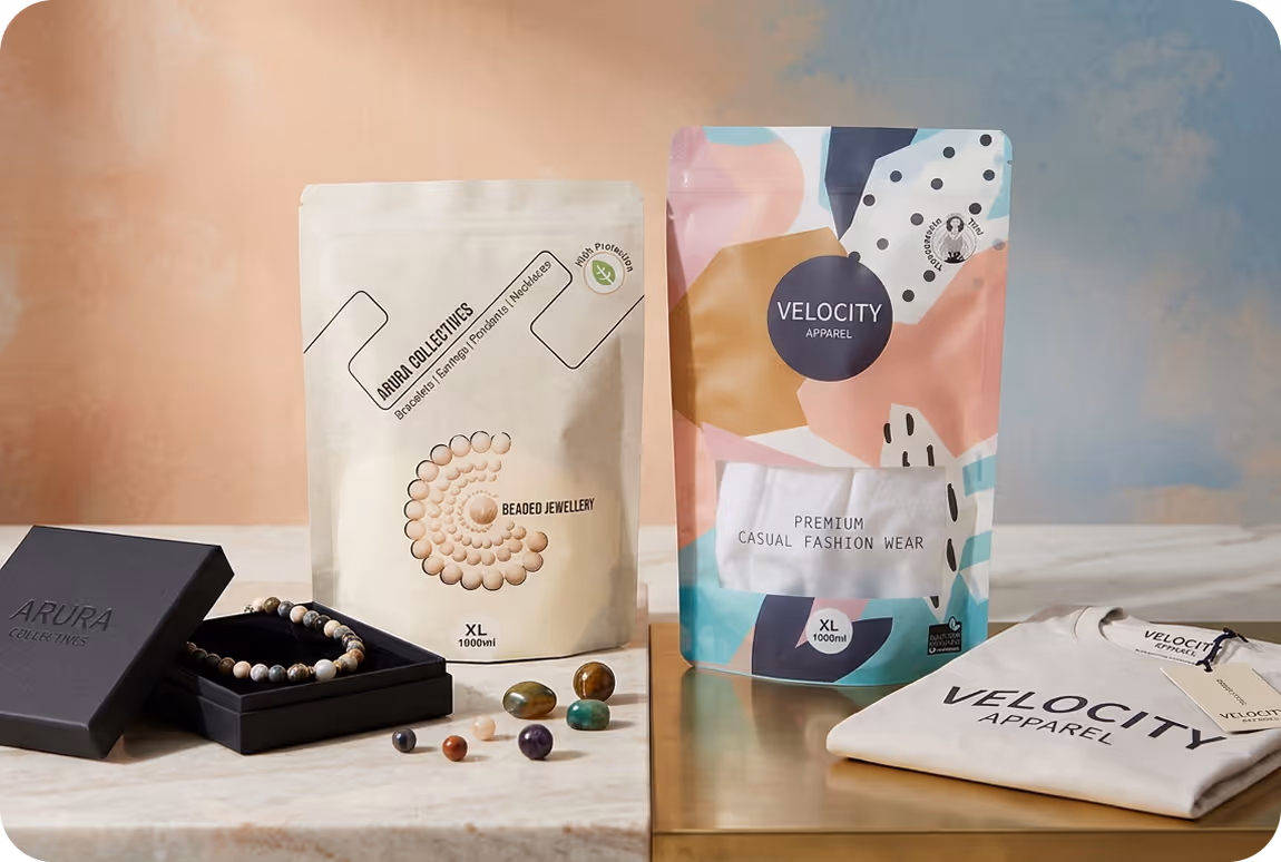 Beaded jewelry and stones next to Arura Collectives and Velocity Apparel packaging and white shirt.