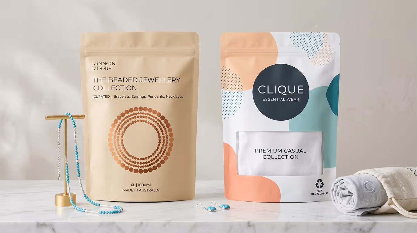 Two product pouches: one for beaded jewelry, the other for casual wear, with jewelry and rolled clothes.