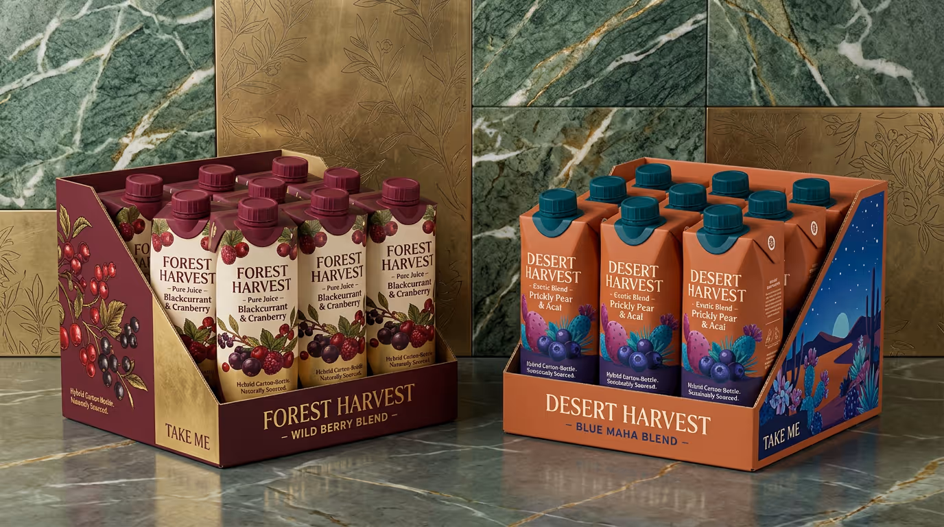 Displays of Forest Harvest blackcurrant cranberry juice and Desert Harvest prickly pear acai juice packs on marble surface.