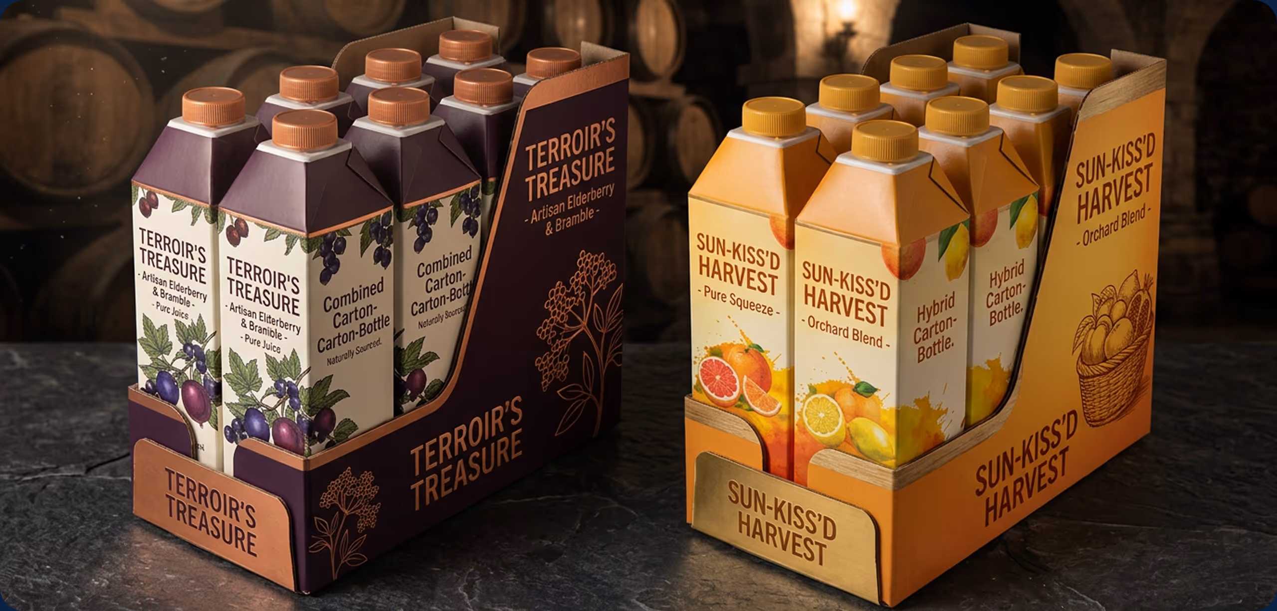 Six-pack cartons of Terroir's Treasure elderberry juice and Sun-Kiss'd Harvest orchard blend juice on a stone surface.