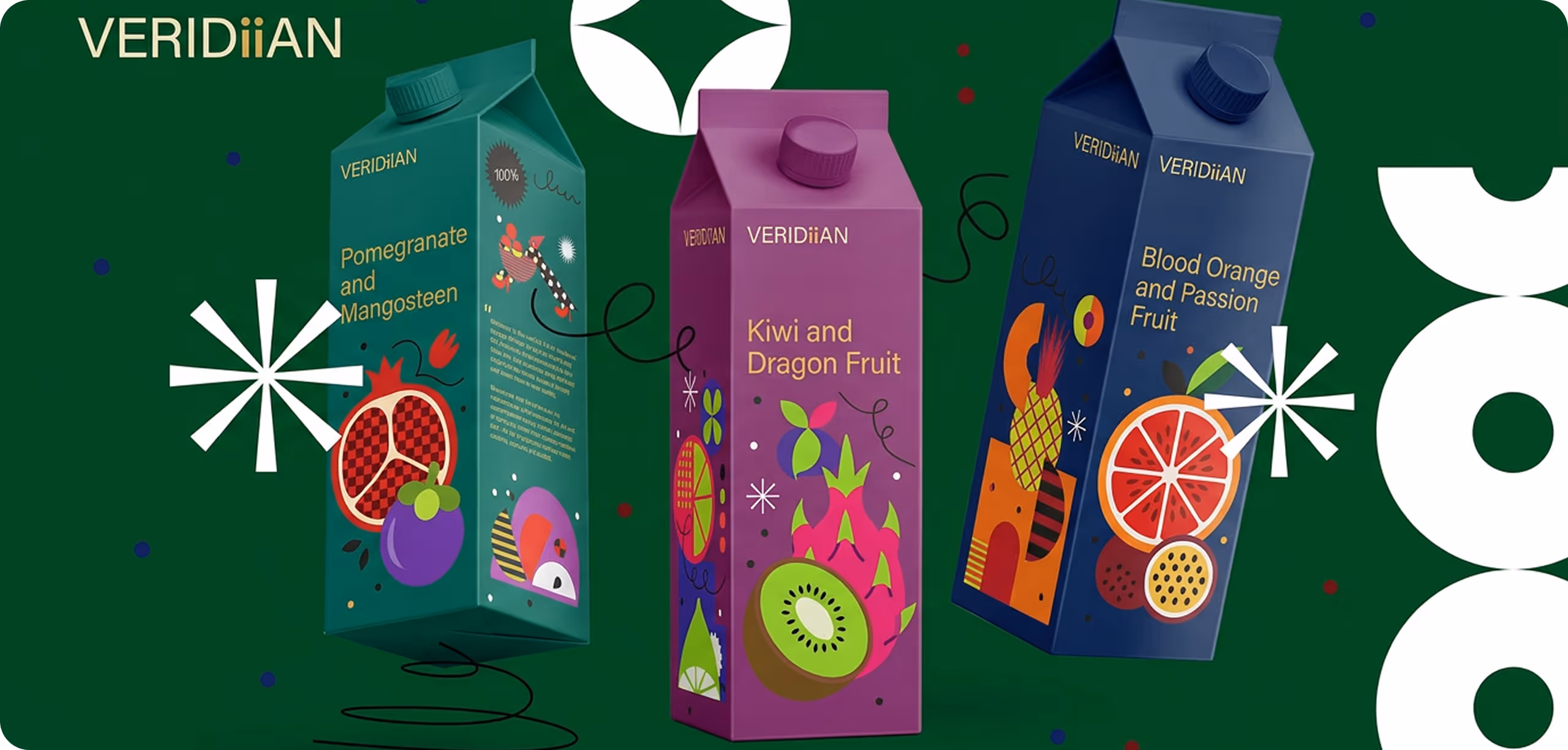 Three Veridian juice cartons: Pomegranate and Mangosteen, Kiwi and Dragon Fruit, Blood Orange and Passion Fruit.