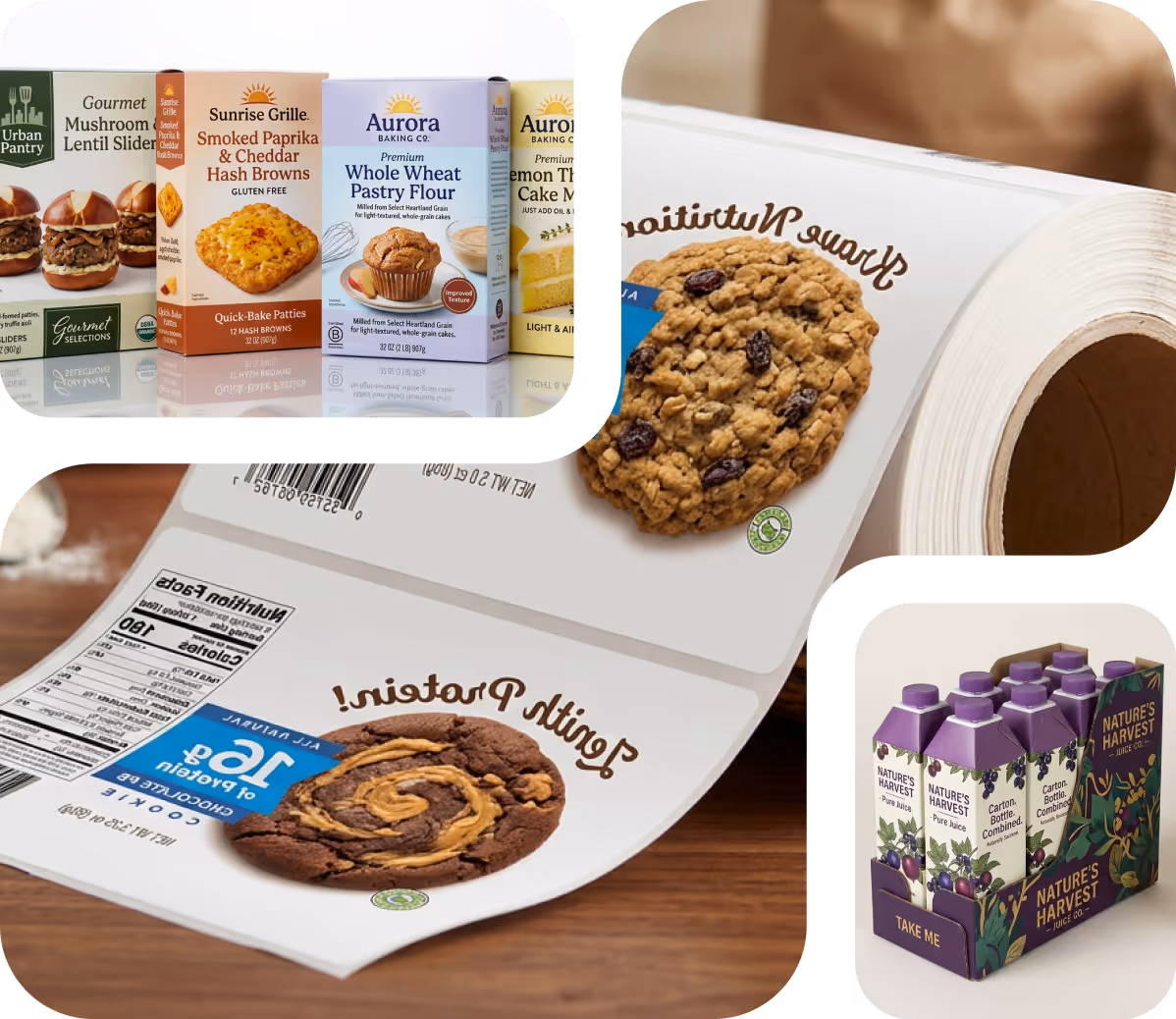 Various food product packaging including sliders, hash browns, flour, cookie labels, and juice cartons.