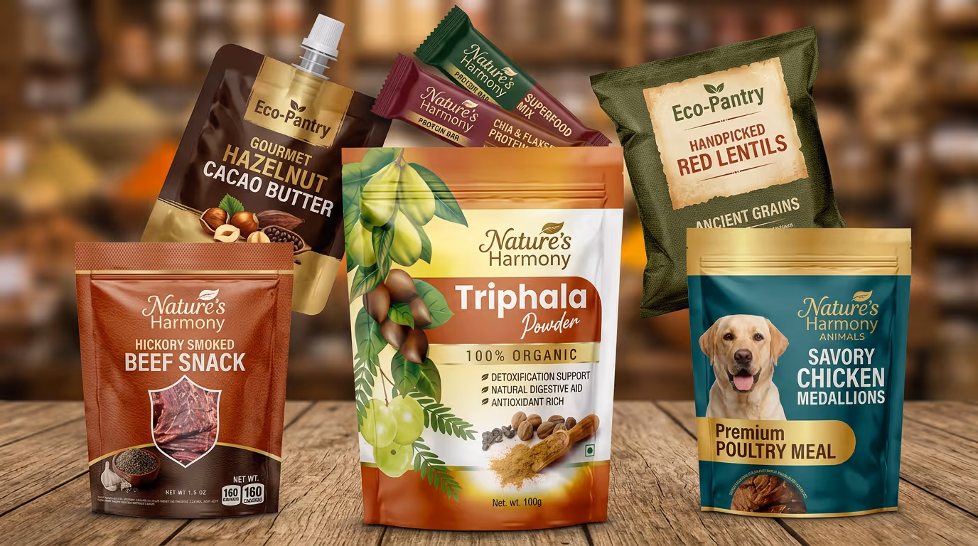 Packages of Nature's Harmony and Eco-Pantry products including snacks, lentils, cacao butter, triphala powder, and pet food.