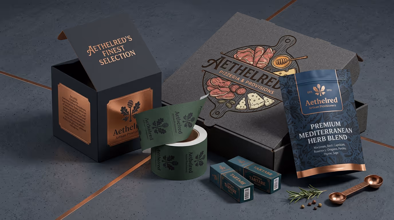 Aethelred branded packaging including herb blend packet, pizza box, dark box, tape, spice boxes, measuring spoon, and herbs.