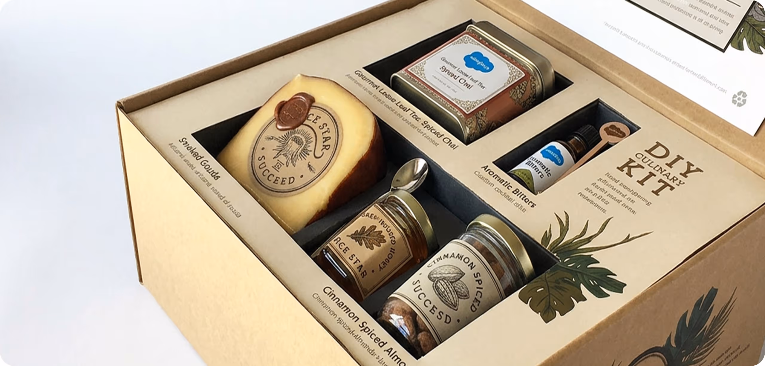 DIY culinary kit box containing Spiked Chai tea, Spiced Almonds, honey jar, and a wax-sealed cheese wedge.