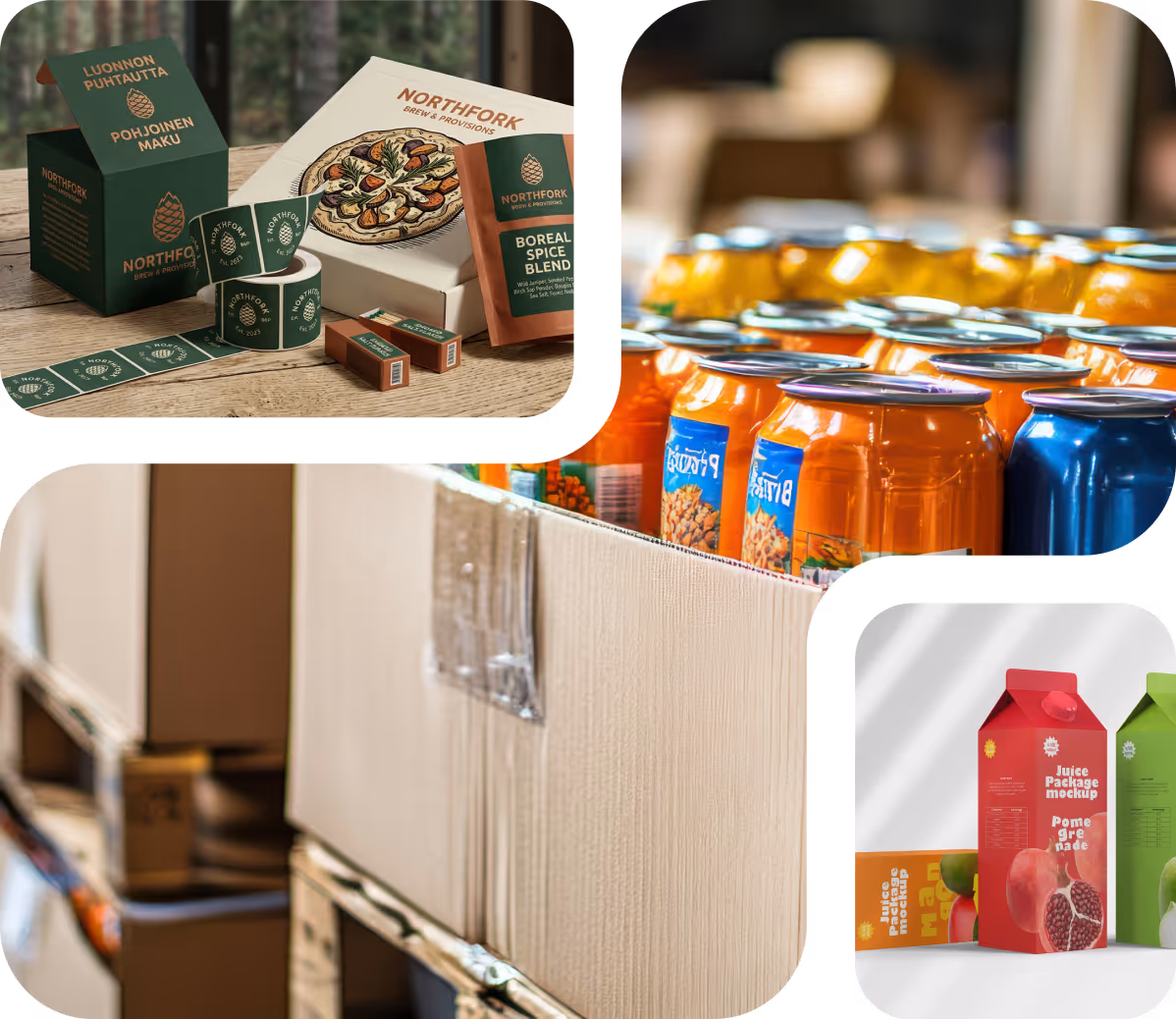 Various food and beverage packaging including boxes, cans, juice cartons, and product labels on a table and shelf.
