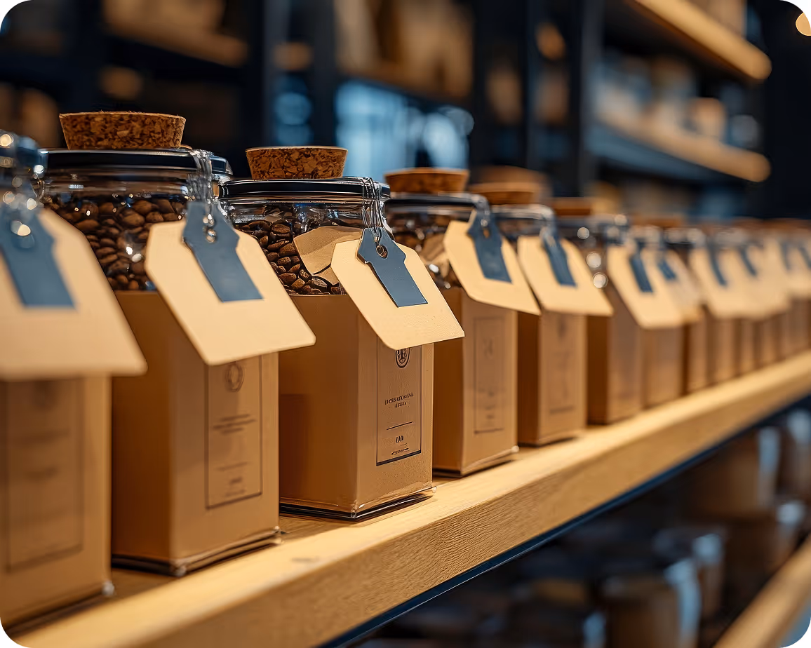 Glass jars with cork lids filled with coffee beans on a wooden shelf in a store.
