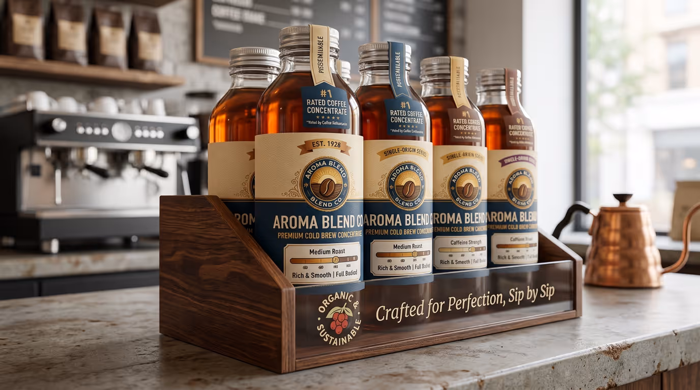 Six Aroma Blend Co premium cold brew concentrate bottles displayed on a wooden counter stand.