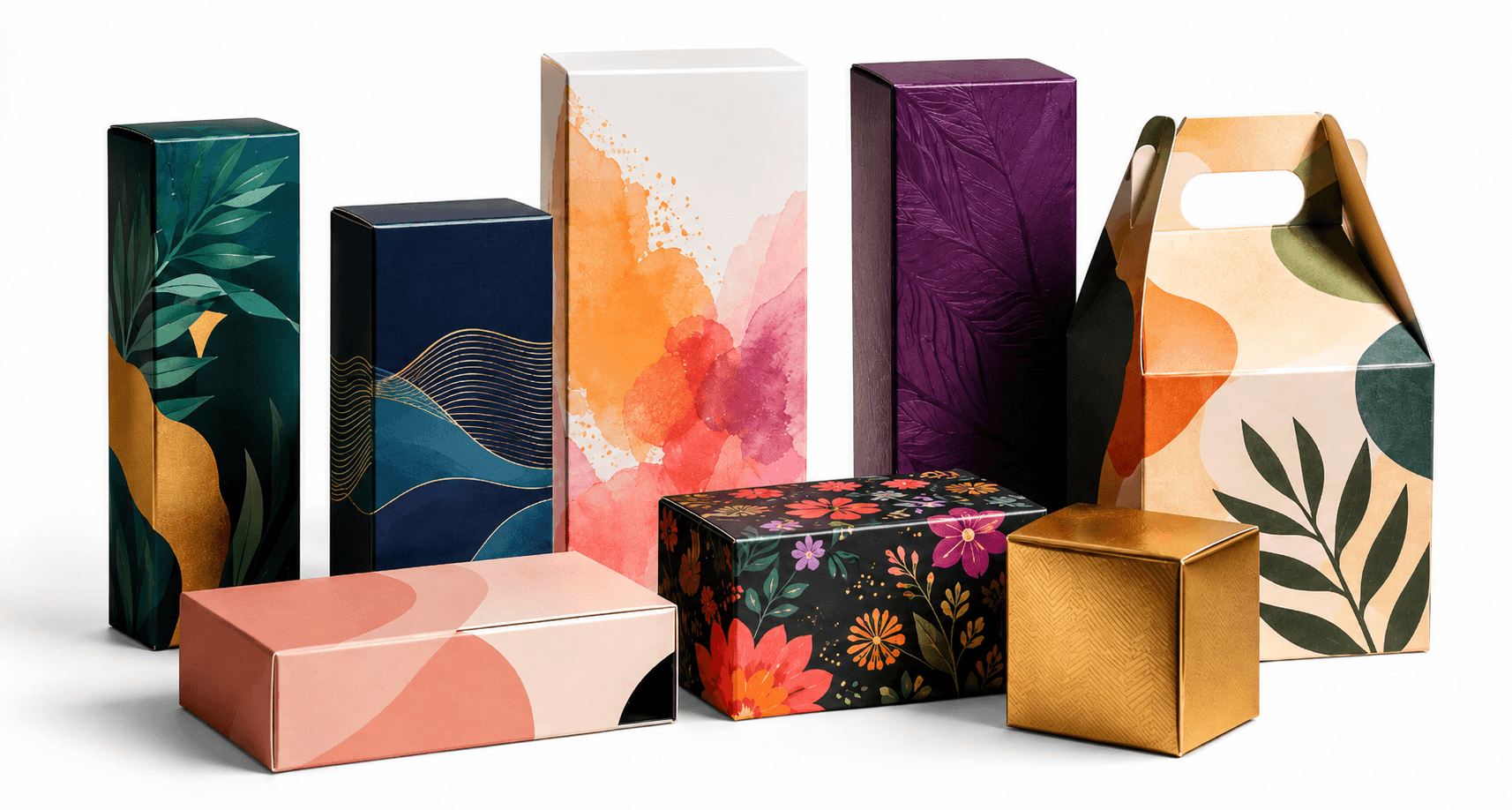 Colorful decorative packaging boxes with floral, abstract, and leaf patterns in various shapes and sizes.