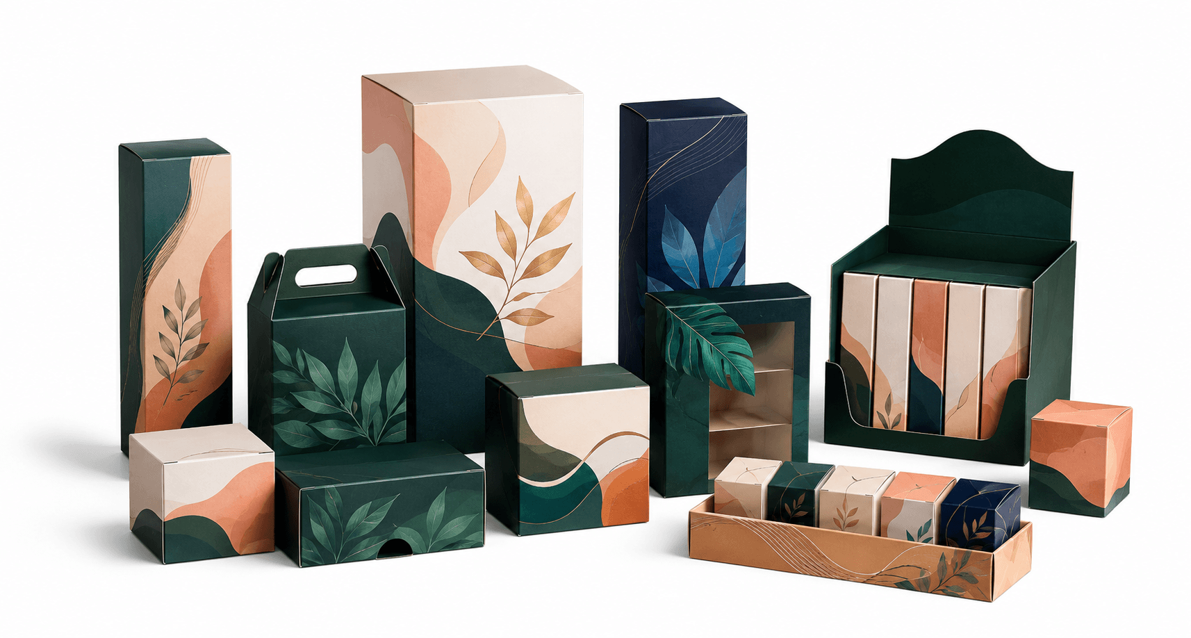 Set of various green, beige, orange, and blue packaging boxes with leaf and abstract designs.