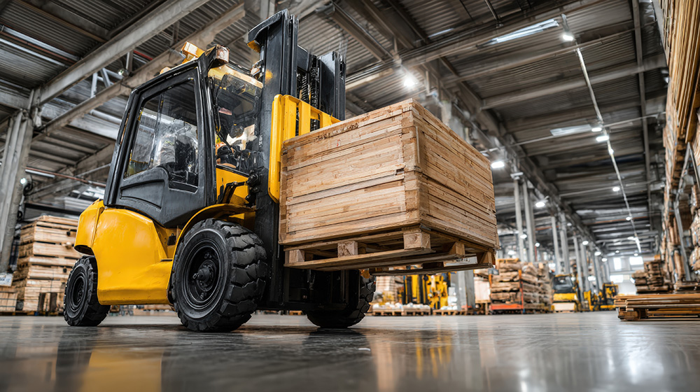 Forklift transporting wooden pallet boxes in a warehouse