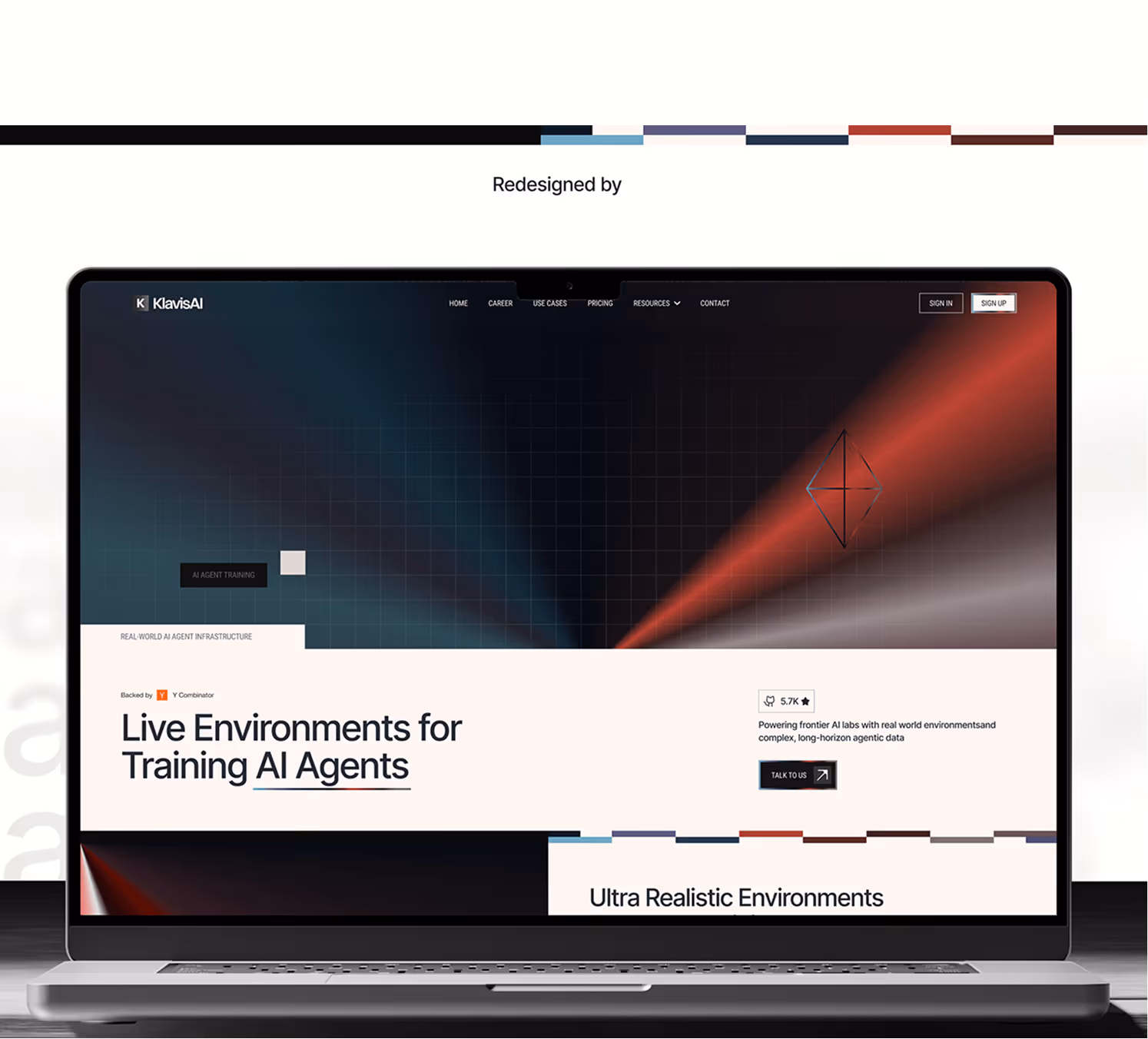 Laptop screen showing KlavisAI homepage with AI agent training and live environments for training AI agents.