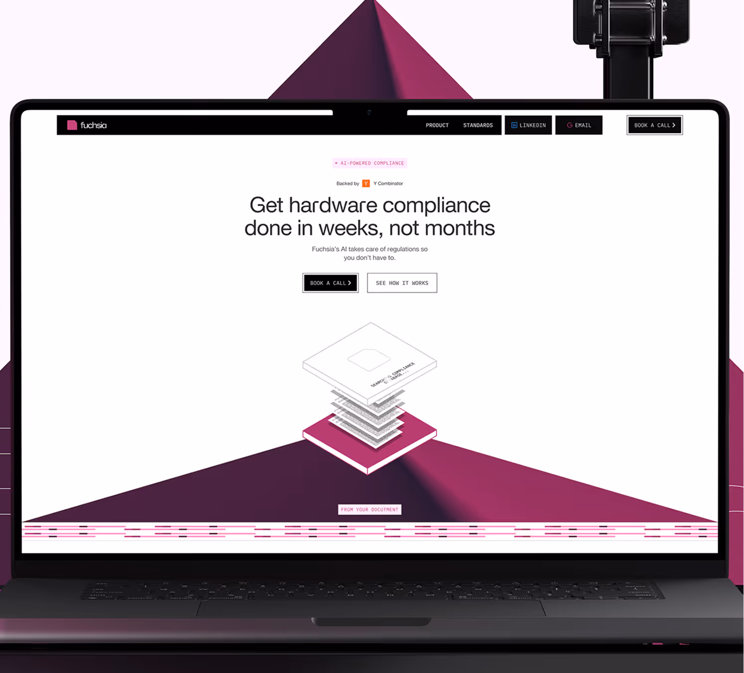 Laptop screen showing Fuchsia AI for fast hardware compliance with call booking and demo buttons.