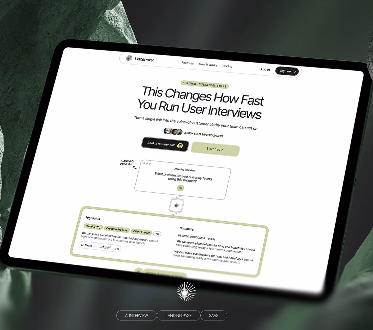 Tablet displaying a website for Listenery showing AI user interview features and call-to-action buttons.