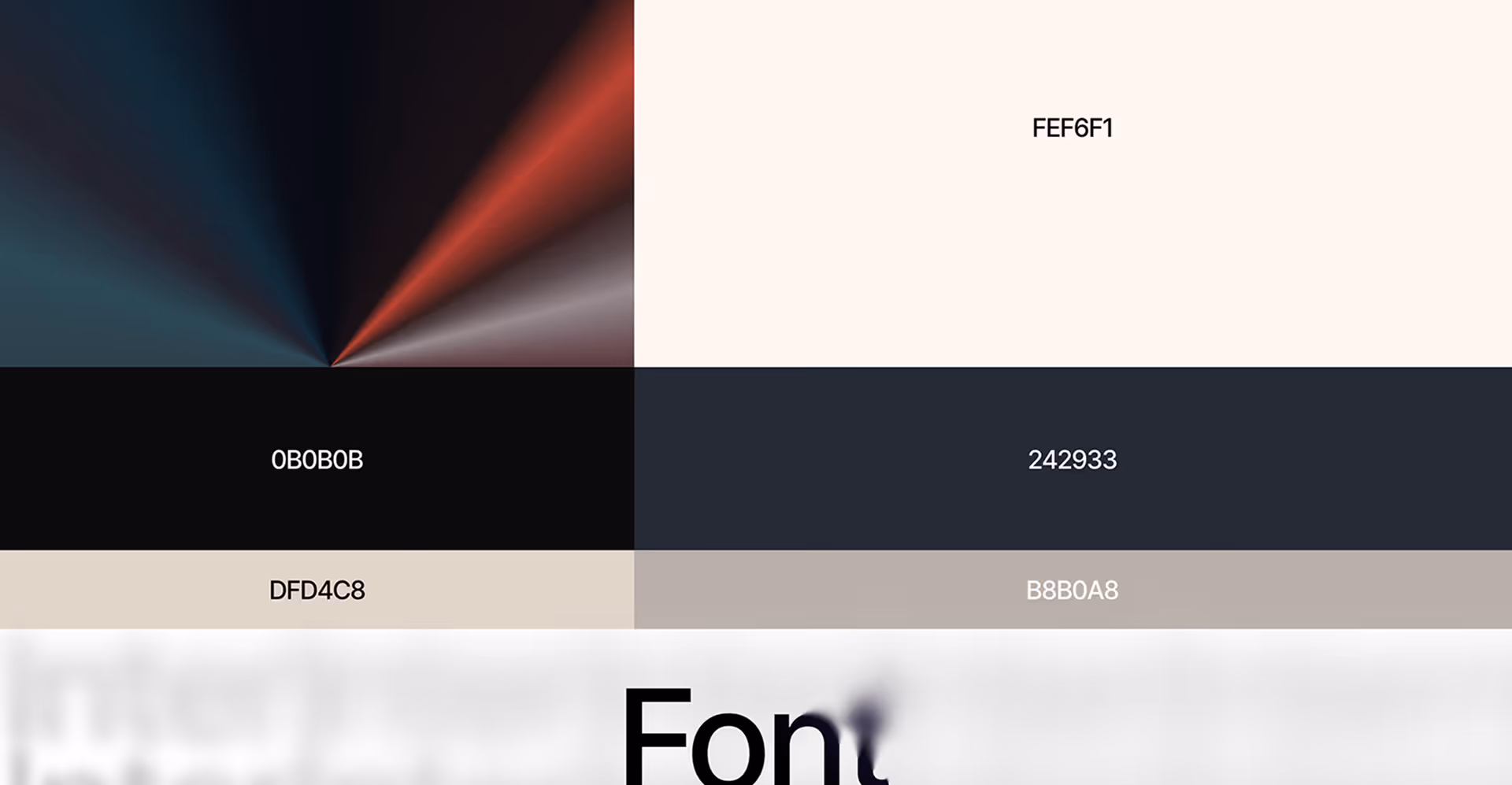 Design with hex color codes FEF6F1, 0B0B0B, 242933, DFD4C8, and B8B0A8 on color blocks.