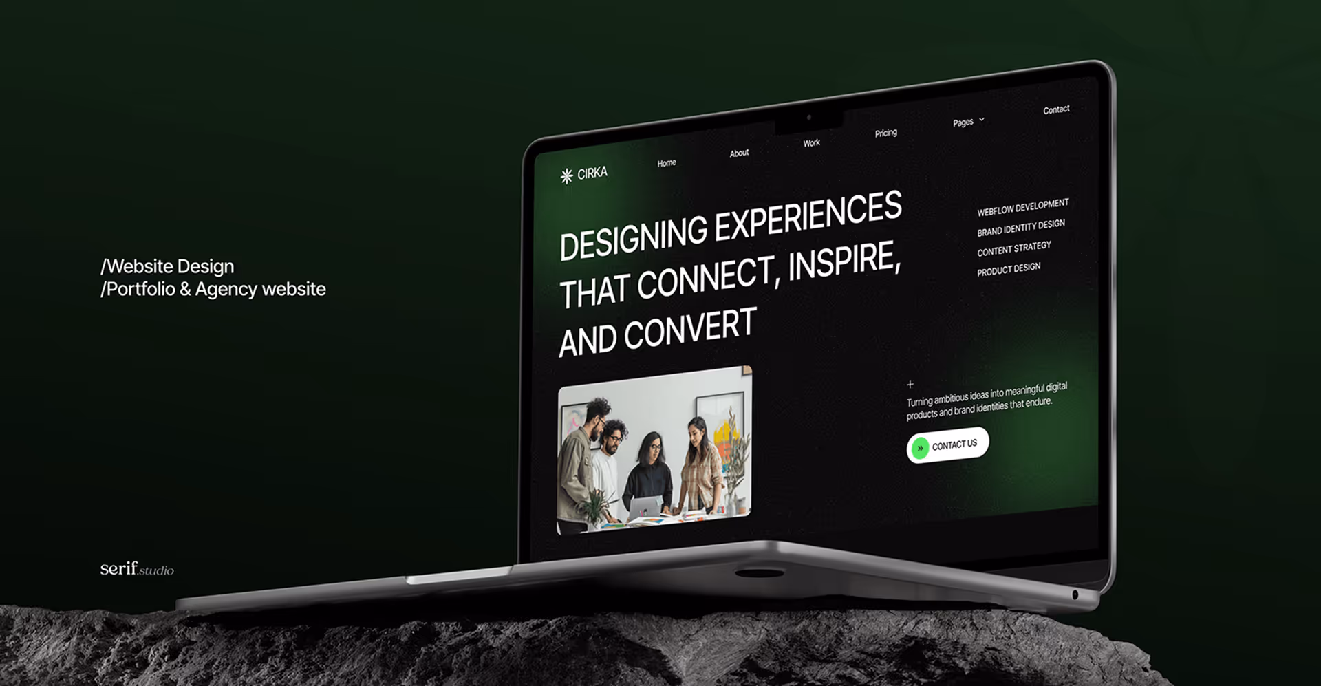Laptop screen showing a website with the text 'Designing experiences that connect, inspire, and convert'.